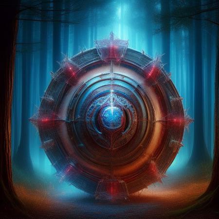 Cyberspace, Digital Cyberspace theme, a shield in a cyberpunk forest