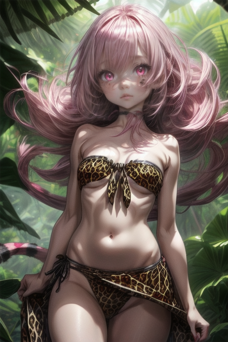 animal print,long hair,pink hair,(((pink leopard print))),pink eyes,bare shoulders,bikini,looking at viewer,swimsuit,navel,1girl,solo,small breasts,blush,outdoors,very long hair,strapless,collarbone,stomach,barefoot,closed mouth,red eyes,floating hair,tree,(((Large Underwear))),parted lips,bare legs,medium breasts,bare arms,nature,hair between eyes,,(((pink large boyshot))),print bikini,smile,cleavage