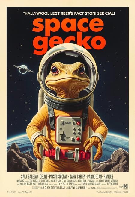 1950's sci fi movie poster with the title "space gecko", Hollywood, realistic, gecko in astronaut suit, credits at the bottom of the poster