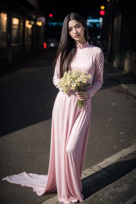 1girl, aodai pink dress, photo art, (flower:1.2),<lora:aodai_SD_chiasedamme_v02:0.6>, a stunning photo with beautiful saturation, ultra high res,(realistic:1.4)),deep shadow,(best quality, masterpiece), pale skin, dimly lit, shade, flustered, blush, highly detailed, skinny, BREAK depth of field, film grain, wrinkled skin, looking at viewer, knee, warm smile, (full body:1.2), masterpiece,ultra realistic,32k,extremely detailed CG unity 8k wallpaper, best quality