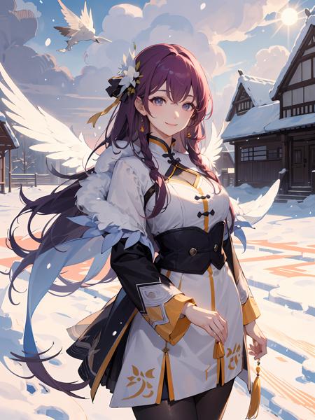 best quality,masterpiece,moqingxian,1girl,breasts,flying snow,snowfield,cloudy sky,building,sunlight,sun,close-up,<lora:moqingxian-000006:1>,smile