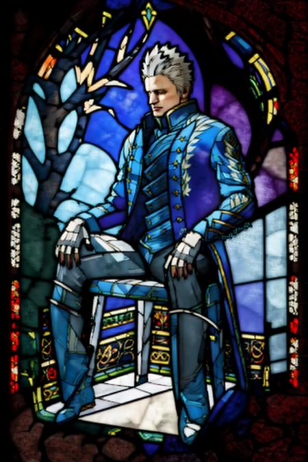 <lora:Stained_Glass_Story-10:1.7> stained_glass, transparent, backlight,  <lora:devilMayCry5Vergil_v10:0.8> vergil(dmc5),  <lora:Chair-000034:0.8> motivatedchair, 1boy sits on white plastic chair