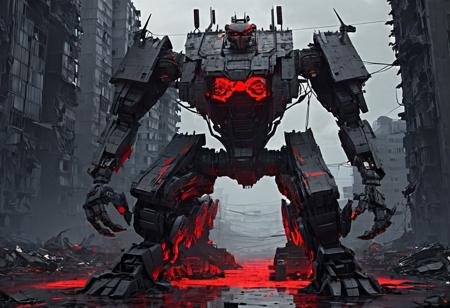 Giant Robot with scorpion body, chrome, lines of red LEDs, flock of demonic crows, futuristic, blocky, brutalist, huge, two chainguns, ruined city, broken tower blocks, destroyed cars, dark sky, storm, action, cinematic, tense, no blur, trending on artstation, high-octane, vivid