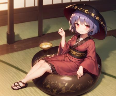 1girl, sukuna shinmyoumaru, solo, short hair, purple hair, red eyes, bowl hat, kimono, black obi, dress, frills, smile, sandals, breasts, looking at viewer, minigirl, indoors, japanese architecture, sitting <lora:char-shinmyoumaru-64:1>