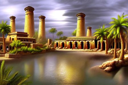 (masterpiece:1.2), (best quality,:1.2), 8k, HDR, ultra detailed, ((photorealistic)), professional light, cinematic lighting,ambient lighting,<lora:detail_slider_v4:2>, OverallDetail, a small town in ancient Egypt, by a river with a boat in the water and palm trees in the foreground and a building with a tower, Stygia, <lora:Stygia-10:1>, epiCPhoto