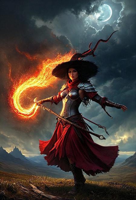 In a realm far beyond mortal ken lies the mystical land of Zephyria, where magic suffuses every corner and ancient secrets linger in the mists of time. Amidst the rolling hills and towering peaks dwells a clan of warrior maidens known as the Crimson Blades, sworn defenders of the innocent and scourges of evil-doers.
Our story begins on the eve of battle, as the last rays of Solaris paint the sky in hues of crimson and gold. Upon a windswept plain stands Akira, mightiest among her sisters-in-arms.
Her armor, forged from enchanted steel imbued with arcane energies, gleams like polished obsidian beneath the dying light. An aura of power emanates from her form, crackling with barely contained fury.
Upon her brow rests a wide-brimmed hat crafted from the hide of a legendary beast, its eye sockets glowing with eldritch fire. Raven locks whip about her face, dancing in the tempestuous breeze that heralds the coming storm. 
concept art, digital artwork, illustrative, painterly, matte painting, 
beautiful, painterly, textural, artistic, aesthetic, 
intricate details, highly detailed, ultra-detailed, absurdres, vivid, vibrant, volumetric lighting, 
aid291, midjourneyv6.1, 
tools, made of tools