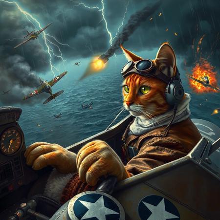 A hyper-detailed cockpit view of an anthropomorphic tabby cat piloting a P-51 Mustang in a fierce WWII aerial battle above a stormy ocean. The cat focuses intensely, gripping the controls, as enemy planes trail smoke and tracers streak past. Lightning flashes illuminate the chaotic sky, casting dramatic shadows across the cockpit.
Cat Pilot: The orange tabby wears a brown leather flight jacket with a shearling collar, white silk scarf knotted at the neck, and a snug leather cap with ear holes, adorned with a faded squadron patch—a claw clutching a lightning bolt. Aviator goggles reflect the glowing dials, their lenses scratched from prior missions. A small oxygen mask fits its muzzle, and a headset with a tiny microphone rests over its ears. Its gloved paws—one on the throttle, one on the stick—show dexterity, with claws slightly extended in tension. Whiskers twitch, and its green eyes narrow with determination.
Cockpit and Plane: The P-51 cockpit has worn metal, a scratched canopy with faint bullet marks, and glowing amber gauges. The stick is paw-friendly, wrapped in worn leather. Wings bear U.S. Army Air Forces insignia: a white star in a blue circle, faded from battle. Outside, smoke trails and bullet casings litter the sky, with a spiraling enemy plane engulfed in flames.
 Lightning highlights the cat’s fur texture and the gleam of its goggles. Rain streaks the canopy, and the plane shakes mid-maneuver. Colors are brown, green, silver, with fiery orange explosions.