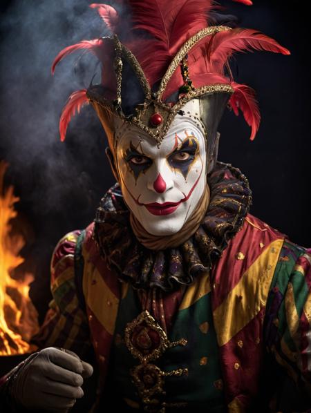 Horror-themed ,  portrait of a 35yo medieval harlequin in harlequin in medieval clown clothes with serious facial expression in front of a dark background , campfire
 <lora:Mardi_Gras:1> mardi, gras, portrait
 <lora:Low-key lighting Style:1> low-key, Ultra-HD-details, true to life, HDR image,High detail resolution,soft eyes,natural skin, high detailed cloth,vintage,cinematic lighting,realistic,sharp focus,(very detailed),((4K HQ)),depth of field,f/1.2,Leica,8K HDR,High contrast,shadows, bokeh,(detailed and realistic skin texture),(detailed clothing),(detailed background),detailed skin,(highly detailed skin),(8K HDR photo),realistic texture,realistic shadows,accurate to life,living image,lifelike . shallow depth of field, vignette, highly detailed, high budget, bokeh, cinemascope, moody, epic, gorgeous, film grain, grainy, . Eerie, unsettling, dark, spooky, suspenseful, grim, highly detailed