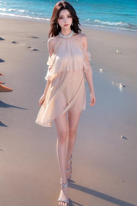 (1girl walking on the beach:1.5), summer shortdress, dress, jewelry, bowhair, blackhair,
 <lora:Summer_ShortDress-000004:0.6>, masterpiece,ultra realistic,32k,extremely detailed CG unity 8k wallpaper, best quality