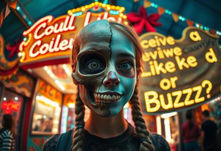 “A whimsical and surreal portrait of a girl with a distorted, comical face, featuring one eye larger than the other, vibrant face paint, and two playful braids in her hair. Half of her face is a real, bones skull, with detailed, decayed bone structure, exposing cracked and aged bones, and the skull appears lifelike yet worn with time. The other half is covered in exaggerated, colorful face paint. The skull gives off a gritty, almost macabre vibe, blending with the lively and hype atmosphere of the carnival. Captured using a 12mm fisheye cinematic prime lens for an exaggerated perspective. The setting is a lively carnival with neon lights, whimsical decorations, and a dreamy yet unsettling atmosphere. A rotten, old light banner in the background displays the text: ‘Could I receive a Like or Buzz?’ in flickering, uneven letters. The colors and contrasts are enhanced for a surreal effect, combining playful and eerie styles, with a mix of humor and dark visual artistry.”