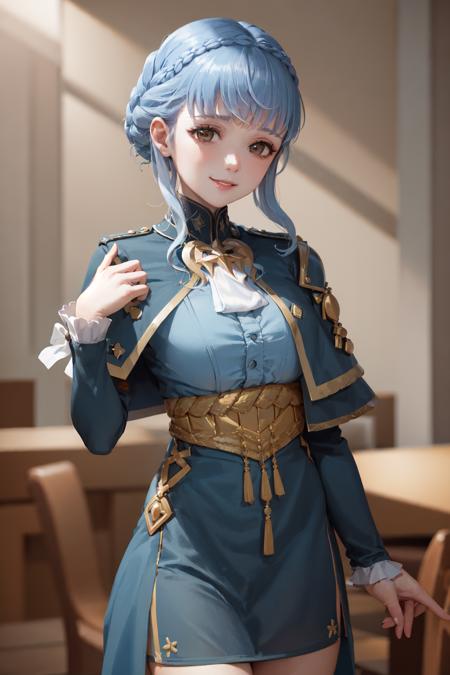 (masterpiece, best quality:1.2), <lora:fireemblem_marianne-10:1.0>, cowboy shot, solo, 1girl, marianna von edmund \(alt\), smile, looking at viewer, official alternate hairstyle, official alternate costume, blue dress, capelet