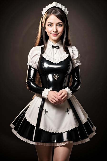 ((Masterpiece, best quality, cinematic lighting, 8k, full body shot, long hair, hour glass body)), (smile:0.85), (realistic background)
<lora:Bw_Latex_Miad_By_Stable_Yogi:1>
latex pattern, maid headdress, maid outfit, apron