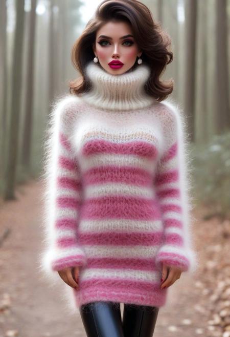 Masterpiece, score_9, score_8_up,  (((Annabell3L4ne))), (((Annabelle Lane))), <lora:Annabell3L4ne-sdxl:1:9>, 1girl, makeup, lips, dark hair, bobbed hair, big hair, lipstick, (((a bundle of arrows slung over the back and a bow in the hands))) (((fluorescent light glowing from weapons))). (((very expensive and luxury semi-transparent crochet Mohair_sweater_SDXL clothes))), (fur trim fluffy fuzzy shaggy hairy hirsute goosey bristled under-boob Mohair_sweater_SDXL):2.9, (white underboob turtleneck Mohair_sweater_SDXL with random blue and pink horizontal stripes):2.9, (((wide and sagging turtleneck))), parted lips, (((bimbo lips))), ((bow shaped lips))), Cupids bow, puckered lips, ultra-detailed lips, big lips, bimbo lips, huge lips, Mohair_sweater leg warmers, earrings, full size body legth, solo, looking at viewer, bokeh, focus, film, velvia, artistic, best quality, photograph, focus, looking at viewer, bokeh, focus, film, velvia, best quality, photograph, focus, earrings, forest