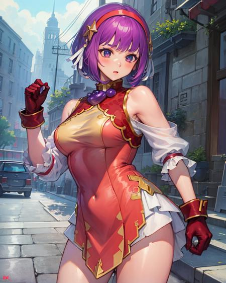 (masterpiece, best quality, high resolution),cowboy shot, 1girl, solo, athenams, hairband, chinese clothes, red dress, gloves, hair ornament ,bare shoulders <lora:AthenaMS:1>