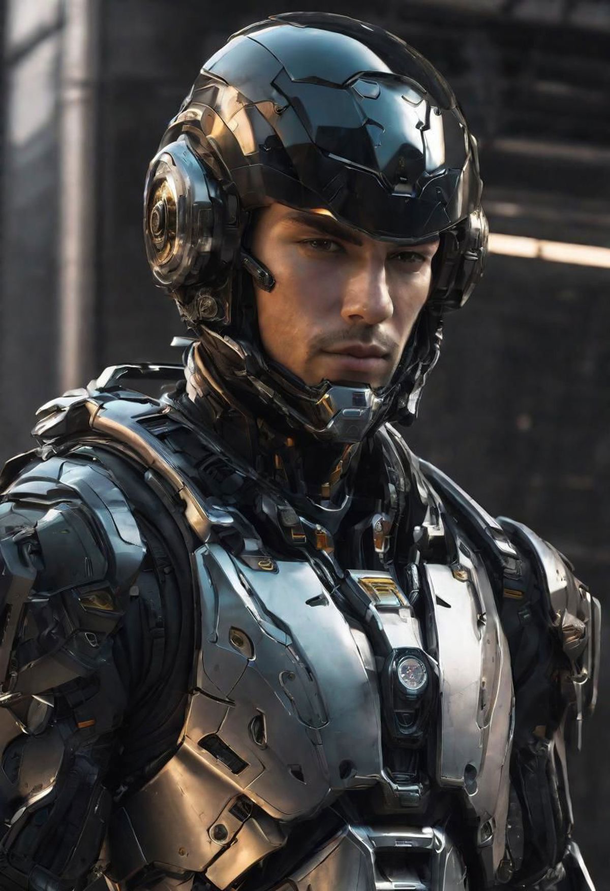 A man wearing a silver and black armor suit.