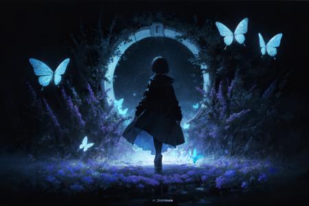 european-aesthetic abstract-art BREAK 1girl standing BREAK (style-of-Yuko-Shimizu:1.3) (dark-theme:1.1) dark-blue-theme blue-butterflies dark-stars field-of-blue-flowers