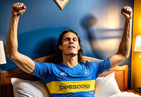 Cavani, photo, of a man lying in bed wearing blue and yellow pajamas, (on back), arms up, eyes closed, (masterpiece), (best quality), (detailed), (8k), (HDR), (wallpaper), (cinematic lighting), (sharp focus), (intricate)