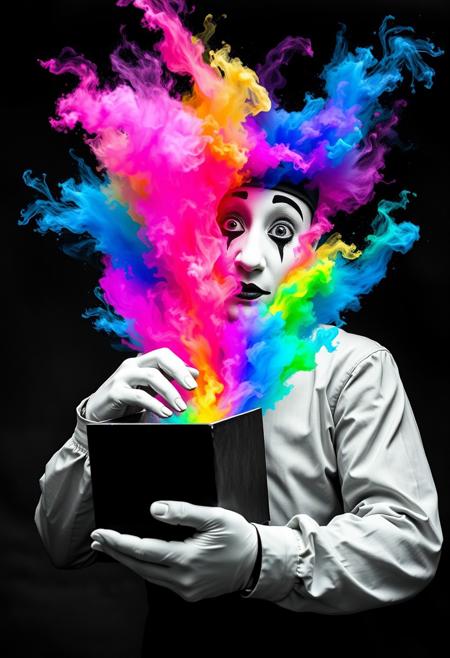 "Image of a mime, dressed in traditional black and white attire, opening a small mysterious box. The entire scene is rendered in black and white, with no hint of color anywhere. But as the mime lifts the lid of the box, a burst of vibrant, beautiful colors erupts from within. The colors are a riotous mix of pinks, blues, yellows, and greens, swirling and dancing in the air like a living thing. The mime's face is a picture of surprise and wonder, their eyes wide with amazement as they gaze at the colors that should not exist in this monochrome world. Style: surreal, dreamlike, and fantastical, with a focus on capturing the mime's shock and delight at the unexpected burst of color." Absurdres Highest-Quality, 4k