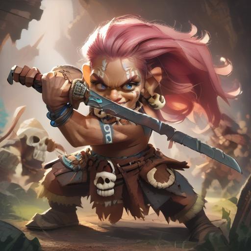 <lora:Gnome__Fantasy__DND__Warcraft:1>, gnome, short stature, big eyes and ears, 1boy, long hair, pink hair, muscular,<lora:Savage_P1:1>, zzSavage, bone necklace, tribal, smirk, <lora:Fantasy_Classes__XL:1> barbarian, <lora:low_guard_parry_stance:1>, low guard sword parry stance, holding sword,