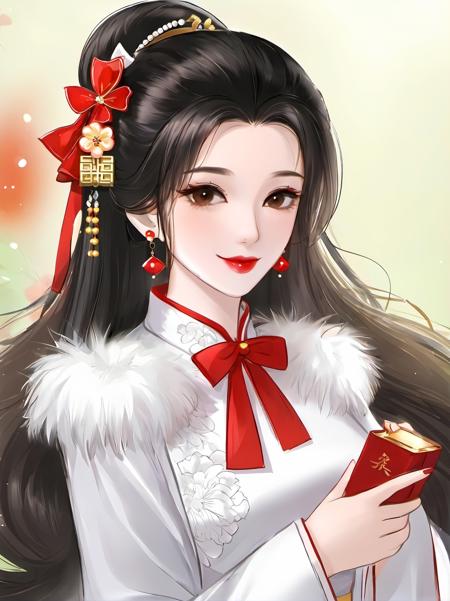 1girl, solo, long hair, looking at viewer, black hair, hair ornament, holding, flower, red lips, red flower, upper body, hair flower, jewelry, makeup, bow, chinese clothes, smile, hair bow, black eyes, earrings, closed mouth, brown eyes, fur trim, lipstick, white shirt,shiny,shiny skin,milf,(mature female:1.2),<lora:fashigirl-v6-sdxl-5ep-resize:0.7>