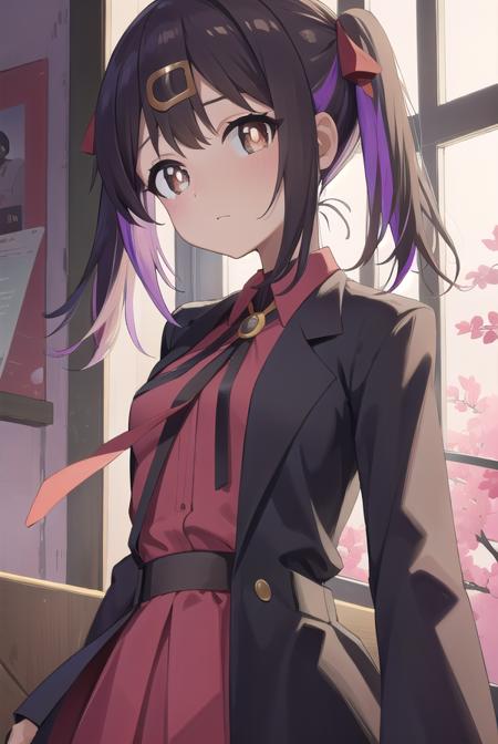 miharioyama, <lora:miharioyamatest:1>, mihari oyama, black hair, (brown eyes:1.3), hair between eyes, hair ornament, hair ribbon, hairclip, medium hair, multicolored hair, purple hair, ribbon, streaked hair, twintails, two-tone hair,
BREAK black skirt, bolo tie, lab coat, long sleeves, red ribbon, red shirt, ribbon, shirt, skirt, wing collar,
BREAK looking at viewer,
BREAK indoors, bed,
BREAK <lora:GoodHands-vanilla:1>, (masterpiece:1.2), best quality, high resolution, unity 8k wallpaper, (illustration:0.8), (beautiful detailed eyes:1.6), extremely detailed face, perfect lighting, extremely detailed CG, (perfect hands, perfect anatomy),