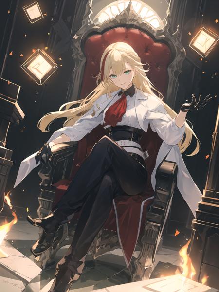 masterpiece,best quality,highres,cinematic lighting,dramatic angle,1girl,blonde hair,braid,multicolored hair,green eyes,white shirt,jacket,belt,high-waist black pants,looking at viewer,black gloves,<lora:ShadowverseNahtV2-000015:0.8:lbw=1,1,0.1,0.1,0.1,0.8,0.8,1,0.2,1,1,1,1,1,1,1,1>,fire,flaming cube,glowing,red ascot,portrait,shaded face,evil smile,sitting on throne,