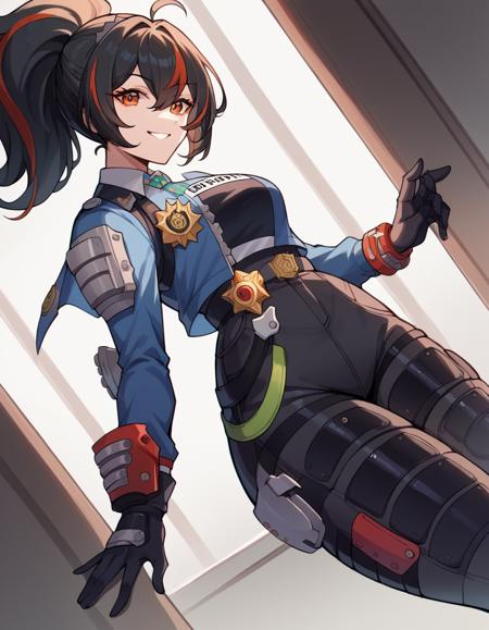 <lora:zhu-yuan-ponyxl-lora-nochekaiser:1>, zhu yuan, black hair, medium breast, big butt, orange eyes, black hair, red hair, multicolored hair, streaked hair, long hair, ponytail, ahoge, hair between eyes, confident blue jacket, police, policewoman, police uniform, high-waist pants with robotic guards, shoulder guards, front belt with star-shaped symbol, checkered necktie, black gloves, police badge, uniform, black shoes, wrist guards, white shirt, long sleeves, police theme, blue footwear