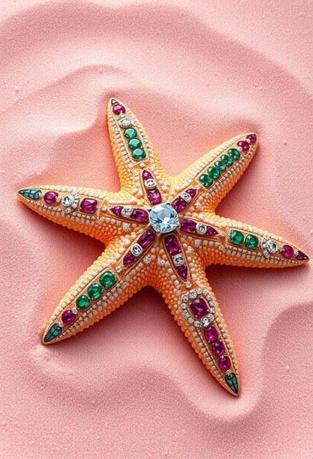 "Create a hyper-realistic image of a starfish adorned with beautiful gemstones, its delicate arms and body intricately detailed. The starfish is covered in a variety of gemstones, including rubies, emeralds, and diamonds, which sparkle and shine in the light. The starfish is laying on a perfect pile of pink sand, which is smooth and untouched. The sand is rendered in exquisite detail, with every grain and texture visible. The overall effect is one of serene, underwater beauty, as if the starfish is a treasure from the ocean floor." Highest-Quality, 8 k, intricate details, visually stunning, Masterpiece