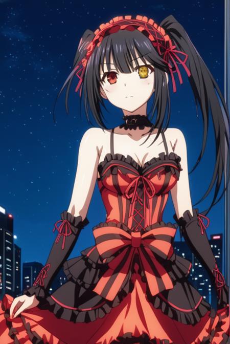 kurumi tokisaki astral dress, long hair, black hair, red eyes, twintails, yellow eyes, hairband, heterochromia, dress, red dress, bare shoulders, collarbone, choker, bowtie, red bowtie, detached sleeves, corset, frills, kurumi tokisaki school uniform, long hair, skirt, black hair, red eyes, long sleeves, ribbon, school uniform, jacket, pleated skirt, bag, hair over one eye, blue skirt, blazer, school bag, black blazer, kurumi tokisaki casual, long hair, black hair, red eyes, long sleeves, dress, pantyhose, hair over one eye, black dress, black pantyhose, puffy sleeves, choker, collarbone, skirt, black skirt, flowers, hair flowers, purple flowers, twintails, low twintails,