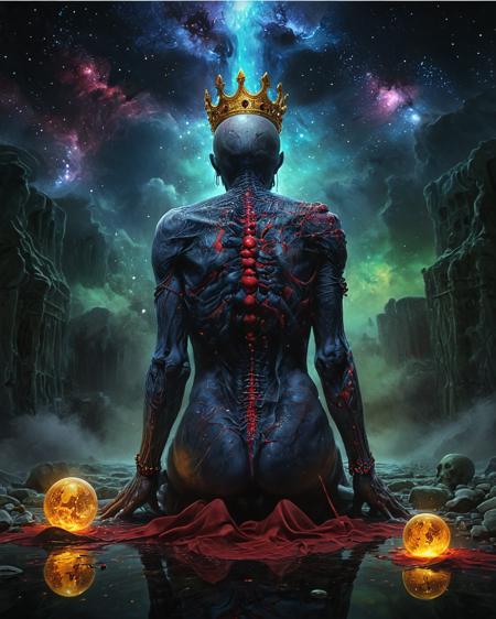 lich wearing a crown kneeling facing away from camera before a marble crypt, water, reflections, blood, realistic photo, hard science fiction, technology,  deepest black space, stars, colorful nebula, glowing runes, skulls, jewels, brilliant color, scarlet, indigo, crimson, yellow, green, <lora:add-detail-xl:0.75>,  <lora:xl_more_art-full_v1:0.5>   , ziprealism,   <lora:sdxl_lora_beksinski:0.8> b3ks1n