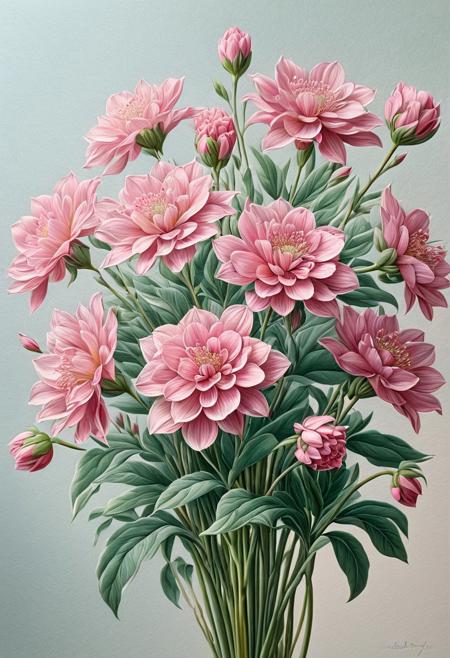 Reddish-pink flowers arranged in a delicate cluster, 
Stacey Bashford style color pencil drawing, 
emphasis on petal texture and subtle gradations of color, 
set against a soft-focus background that enhances the flowers' vibrancy, 
128k color depth, 
ultra-fine detailing, 
natural light.