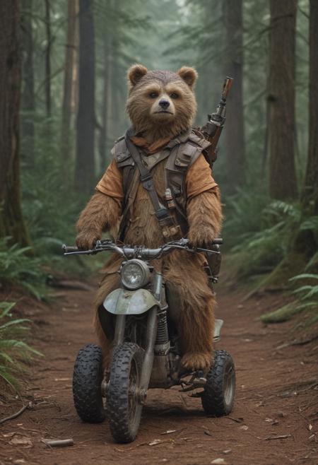 A full body photo of an Ewok on Endor, it's carrying an Uzi and riding an ATV, 
It looks cute and adorable yet fierce at the same time, The Ewok equivalent of Rambo, funny, 
highest quality, exceptional accuracy and realism,