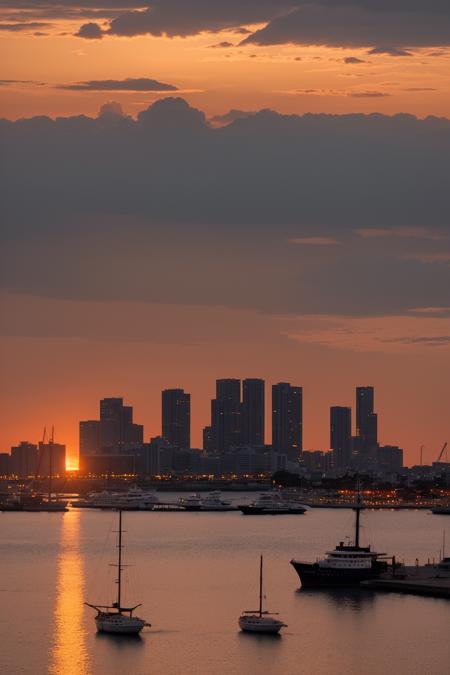 sunset over Yokohama Bay, warm orange glow reflecting on the calm water, silhouettes of boats and city skyline, soft cinematic lighting, ultra-realistic detail, Canon DSLR photo, peaceful harbor mood