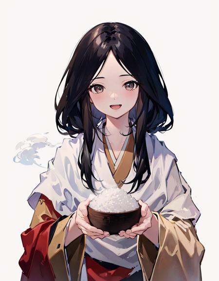 ricechan, 1girl, black_hair,solo, bowl, holding, japanese clothes, rice, kimono, food, steam, white background, simple background, long sleeves, upper body, holding bowl, brown kimono, looking at viewer, open mouth, bangs, smile, wide sleeves,  rice bowl,<lora:RicechanSekiroV1-000006:1>,