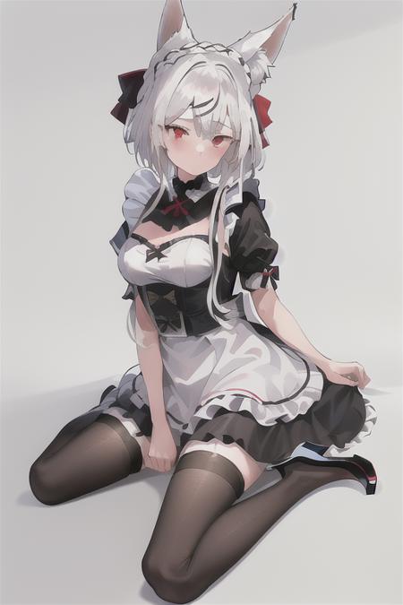 1girl, black legwear, maid, skirt, medium breasts, fox ears, red eyes, white hair, full body, white background, high heels,, masterpiece, best quality,