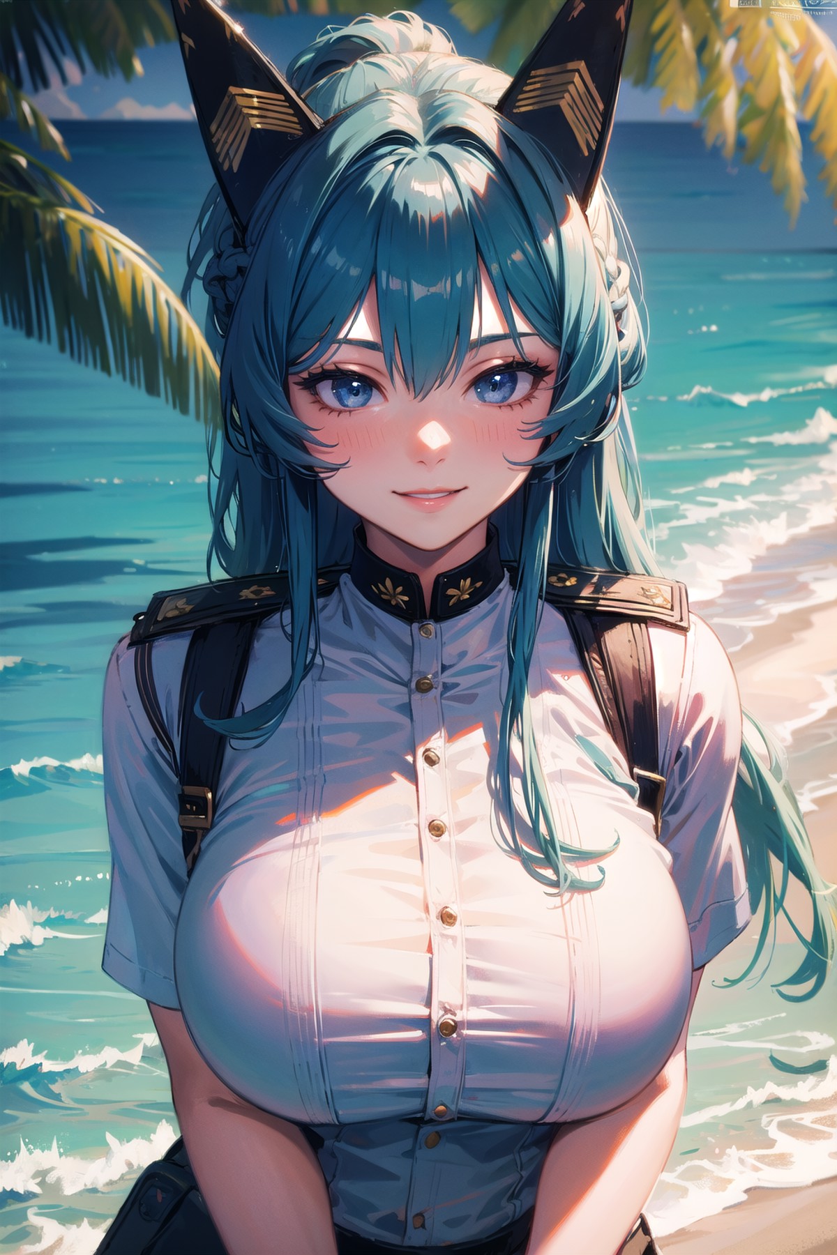 (masterpiece:1.3),(highly detailed:1.3),(highres:1.1),best quality,Ultra-detail,1girl,beach,solo,jelo-helm \(aquamarine\),...