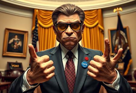 dr claw in sharp suit inside the oval office, real photograph, inspector gadget style, photorealistic, correct hands, correct fingers, presidential seal, vote button, campaign photo, election, elegant scene, cobra insignia