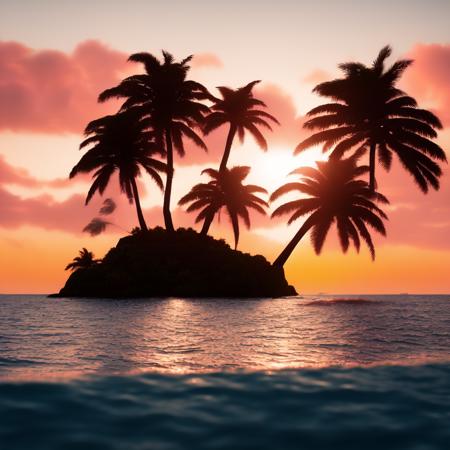 (bitboats:1) an image of a sunset with palm trees on an island <lora:BitBoats_LoraBooth:1>