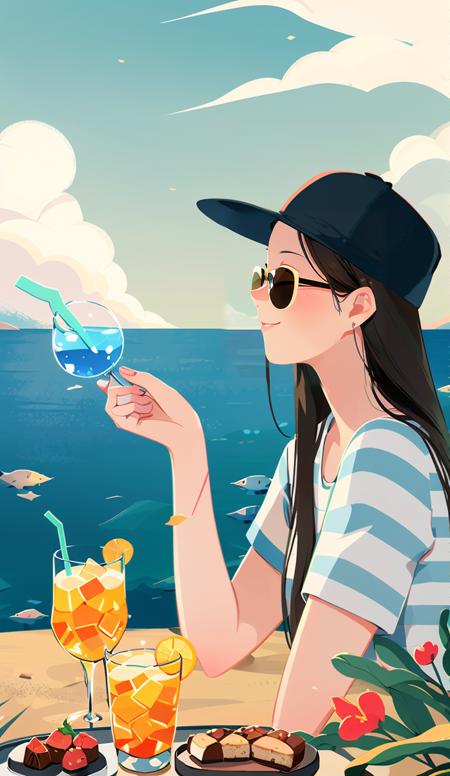 1girl, hat, striped shirt, 1boy, shirt, food, drinking straw, cloud, striped, long hair, table, sky, cup, short sleeves, fruit, day, smile, glasses, blue sky, black hair, outdoors, brown hair, ocean, closed eyes, sunglasses, profile, drink, horizon, drinking glass, cloudy sky, ice cube <lora:Texture illustration_20230709102900:0.8>