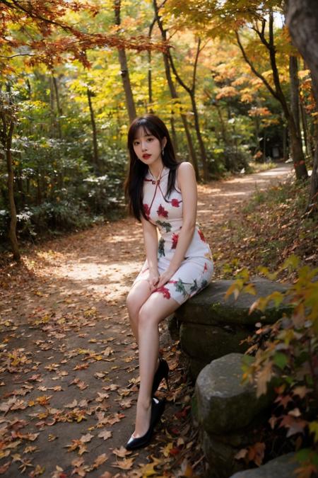 1girl,very long hair,print_cheongsam,rim light,absurdres,(autumn maple forest:1.3),(very few fallen leaves),(path),botanical garden,portrait,