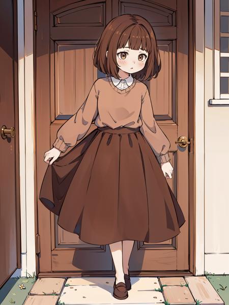 <lora:Dreaming1.2:0.7> DMari, brown outfit, white pantyhose, brown shoes, solo, full body, blush, outdoors, front door, house, looking around, short