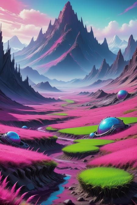 xl_kk, an alien planet, rolling fields in foreground of alien grass, mountain background, sharp jagged mountains, inhospitaple, stone tubes emitting poisonous gasses, pink, purple, green, blue <lora:Saturated_Landscape_XL-KK:1>