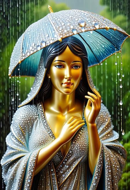 diamondMW,
A layered papier-mâché artwork depicting Peekaboo, I see you in a distinct split wet rainy scene.  The piece utilizes academic painting and classical realism techniques, showcasing romanticized figures within a mythological narrative. Sculpted, textured layers show drizzling rain on reflective surfaces, with bold areas creating a divided composition.