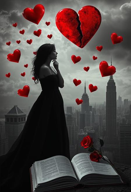 surreal emotional scene, woman in black, cracked red heart, floating hearts, grayscale cityscape, symbolic love and sorrow, open book and rose, selective red color, moody atmosphere, introspective tone, surreal background, emotional contrast, artistic symbolism, dramatic lighting, surreal fantasy, ethereal lighting, dreamlike compositions, intricate details, rich textures, symbolic storytelling, painterly realism, mystical atmosphere, imaginative worlds, dramatic contrasts, poetic surrealism, whimsical yet haunting, otherworldly landscapes, otherworldly characters, moody elegance