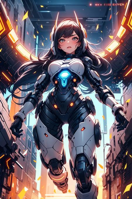 robot,(1 girl:1.4),(full body:1.4),Wearing a white combat suit,Mecha Wings,mecha,(Battle Posture:1.2),(from below:1.2),(A beam of light on the face:1.3),Long hair fluttering,Mighty,Vision,Screen,cable,glowing,Fire,foreshortening,pov,Depth of field,cinematiclighting,((masterpiece)),(realistic:1.2),(high detial, intricate details, hyper detailed:1.2),(8k uhd:0.2),((best quality,high quality,masterpiece)),(best quality:1.2),(soft and bright lighting:0.6),<lora:aki:0.6>,