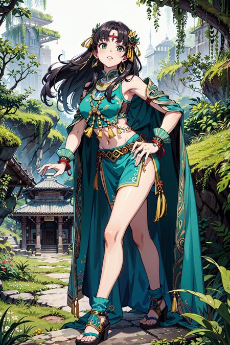 1girl, aztec, aztec temple, green mossy armor, ornate mossy armor, overgrown, jungle scenery