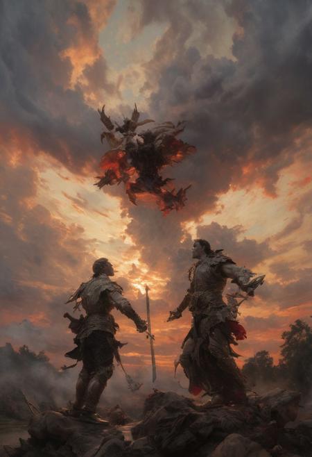 The fight between The Good (angel) and the Evil (demon), heaven clouds background, sunset, top lights, masterful painting in the style of Anders Zorn | Marco Mazzoni | Yuri Ivanovich, Todd McFarlane, oil on canvas