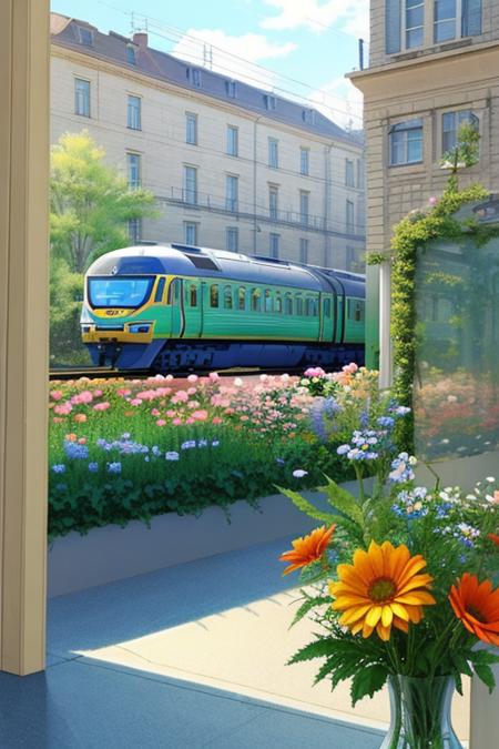 a photo of the nice Isometric_Dreams, a painting of a flower in a vase with a train on it's side and a building in the background