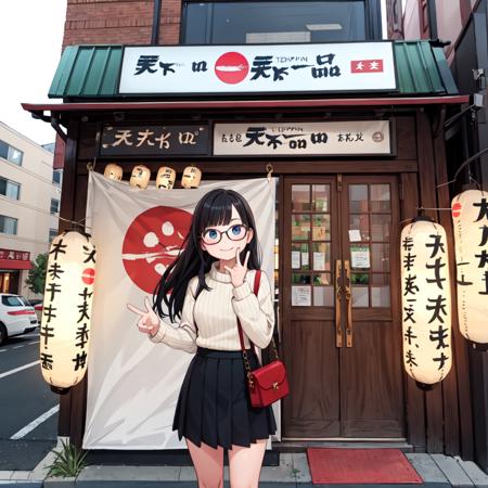 best quality, ultra-detailed, illustration,
1girl, glasses, black hair, long hair, happy, smile, looking at viewer, standing, solo focus, ribbed sweater, skirt, handbag,
tenkaippin, poster (object), outdoors, tree, road, street, shop, sign, storefront, lantern, building, paper lantern, banner, pavement, real world location, day, plant,
<lora:tenkaippin_SD15_V2:0.8>