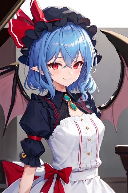 best quality, masterpiece, highres, solo, {remilia_scarlet_touhou:1.15}, red_eyes, short_hair, bat_wings, wings, ribbon, hat, blue_hair, mob_cap, hair_between_eyes, hat_ribbon, bangs, smile, upper_body, red_ribbon